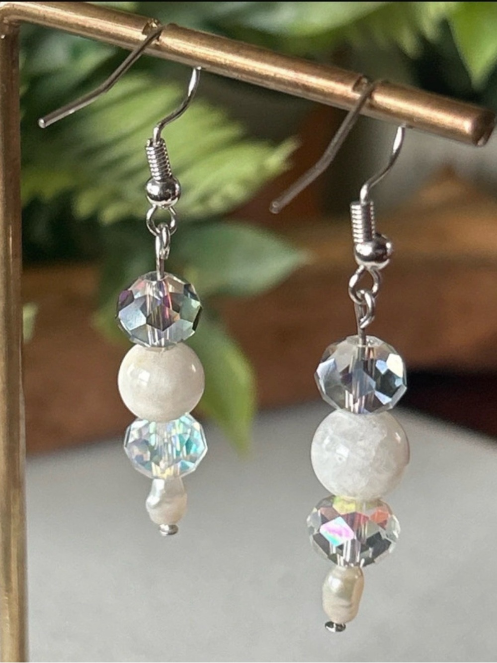 Handmade White Crystal & Pearl Dangle Earrings